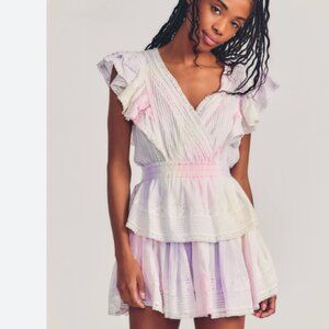 LoveShackFancy Gwen Heritage Mini Dress | XL | Multi Tie Dye - Cream Pink Purple